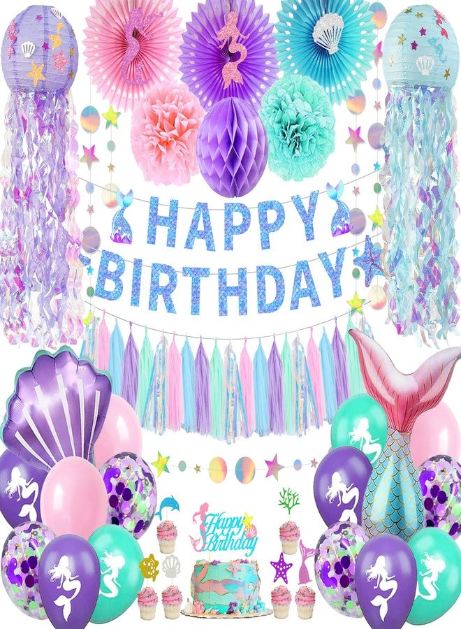 Bolake Mermaid Birthday Party Decorations - Theme Supplies Include Banner, Balloons, Paper Fans, Curtains, Sash, Headband for Cake and Party Decor - Image 1